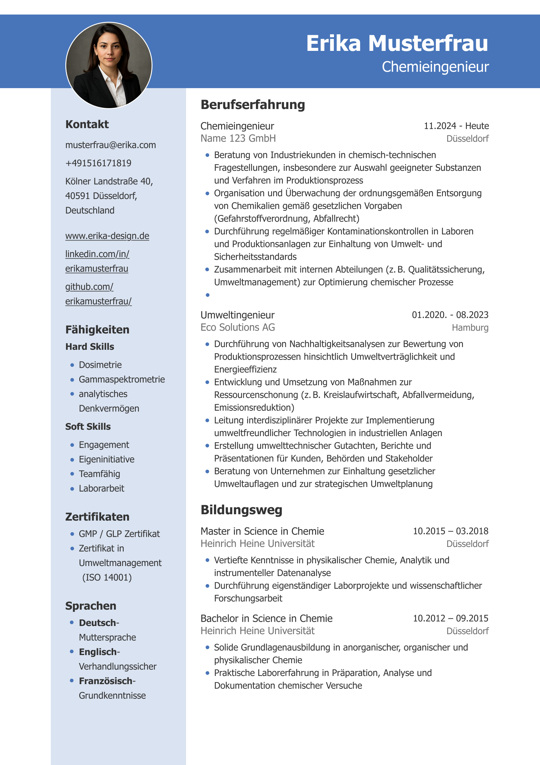Academic Resume Beispiel-Lebenslauf mit modernem, zweispaltigem Design, bei dem die linke Spalte farblich abgesetzt ist