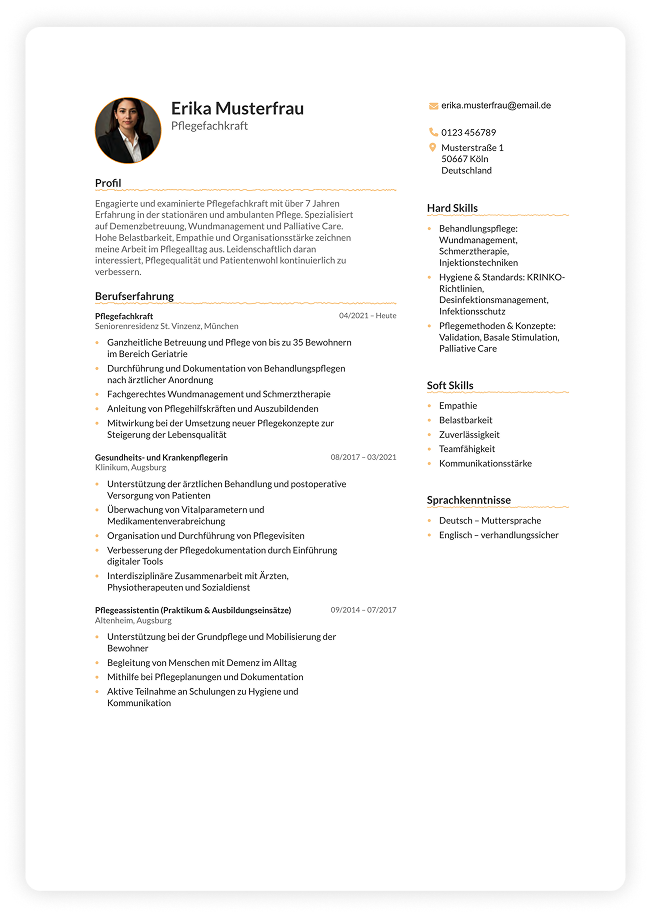 Nursing Specialist Resume Beispiel-Lebenslauf mit modernem, zweispaltigen Design, bei dem Überschriften durch wellige Unterstreichungen hervorgehoben sind