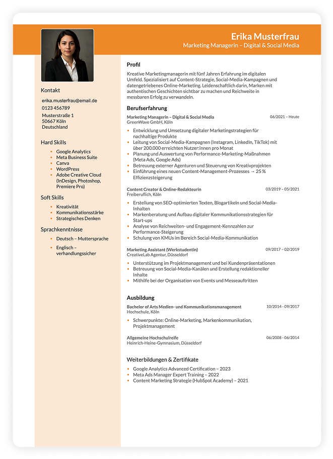 Modern Resume Beispiel-Lebenslauf mit modernem, zweispaltigem Design, bei dem die linke Spalte farblich abgesetzt ist